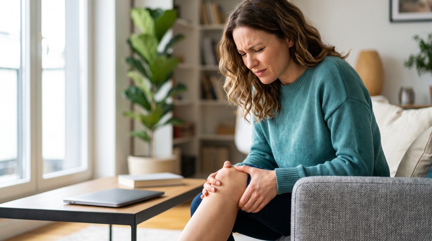Woman holding a painful knee on a sofa
