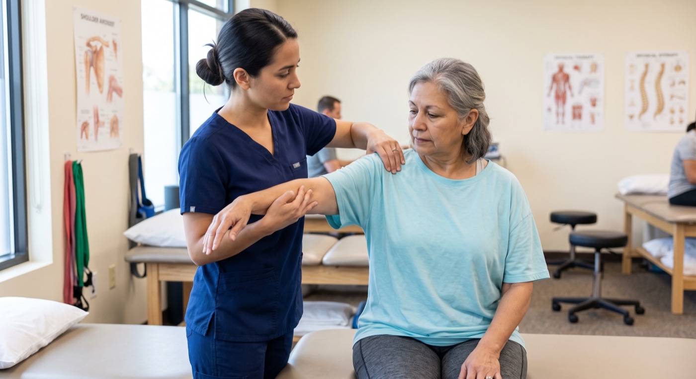 Therapist assessing a patient's shoulder