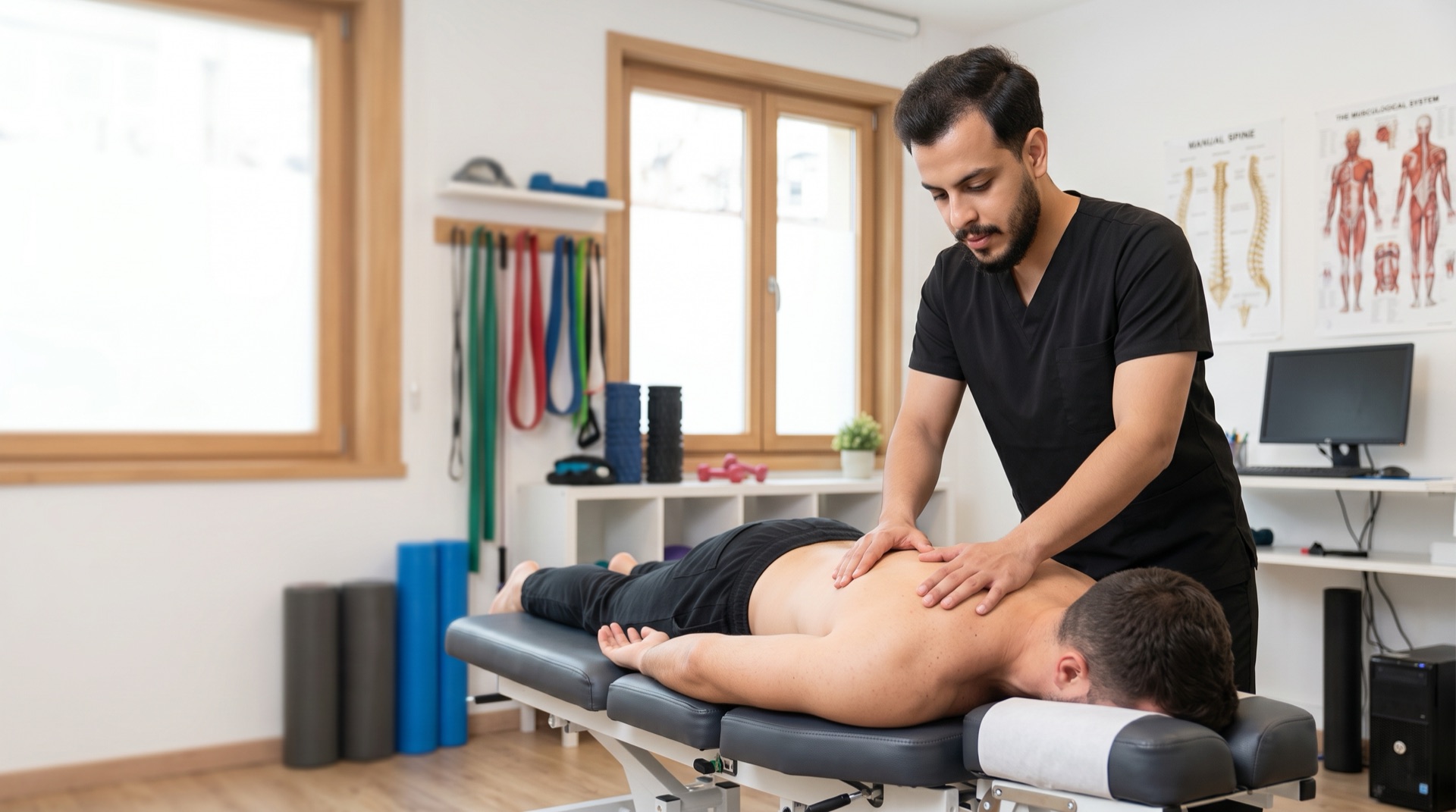Physiotherapist treating a patient's back on a treatment table in the Alpha Physiotherapy clinic