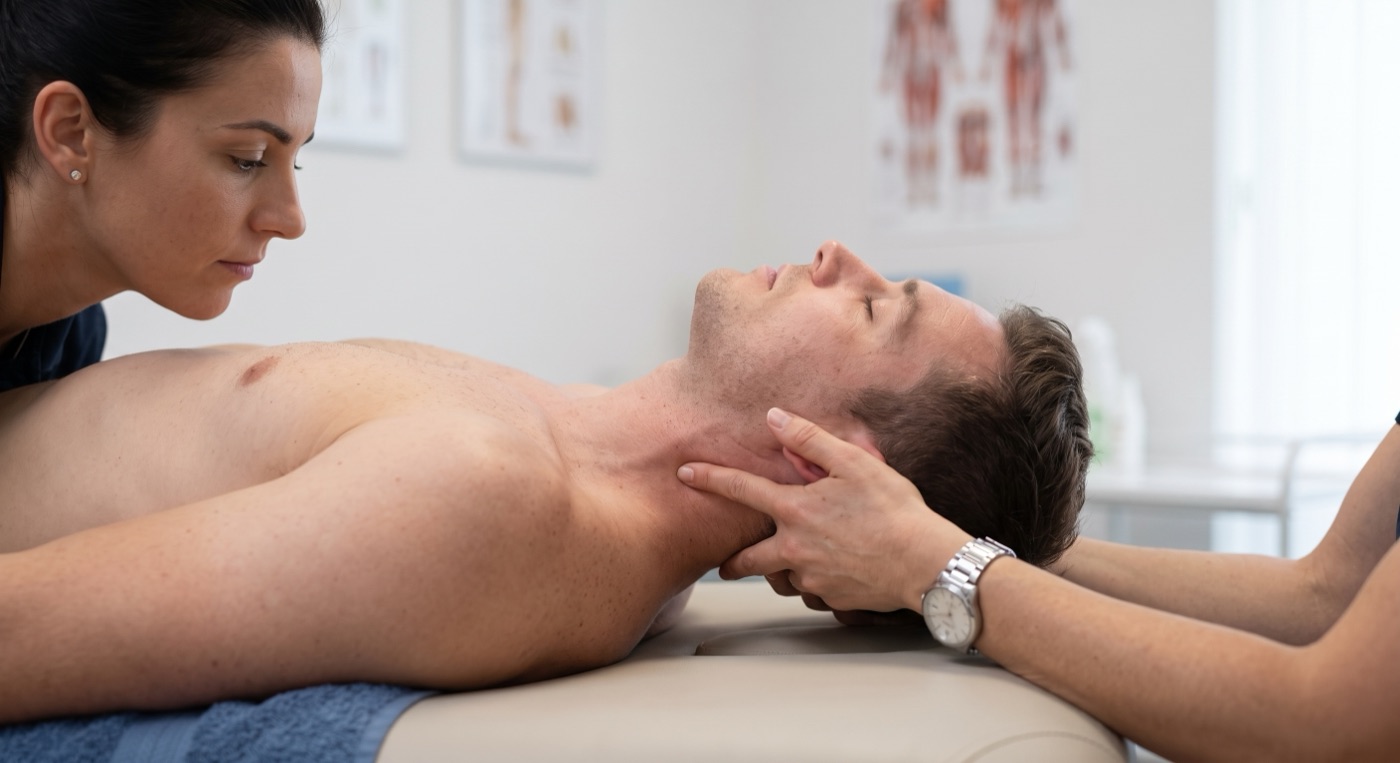 Therapist mobilising a patient's neck