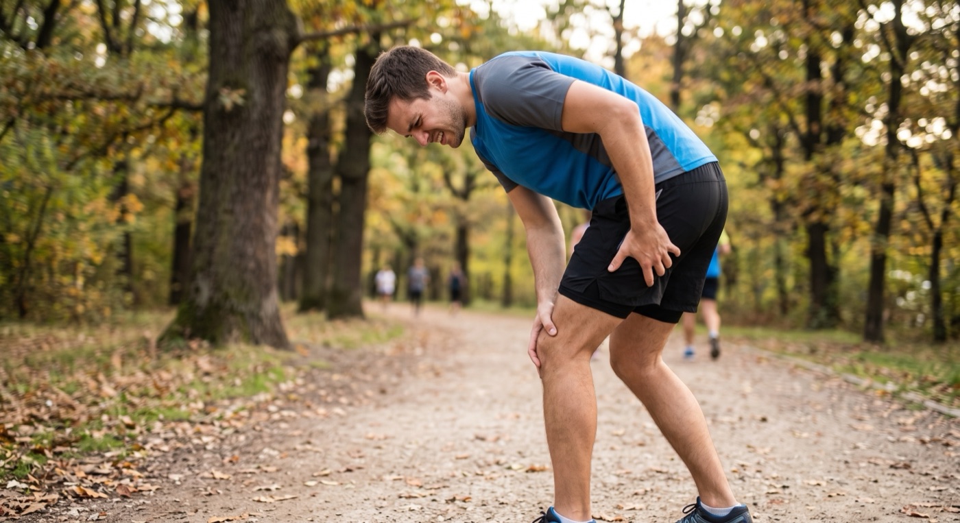 Runner clutching a hamstring outdoors
