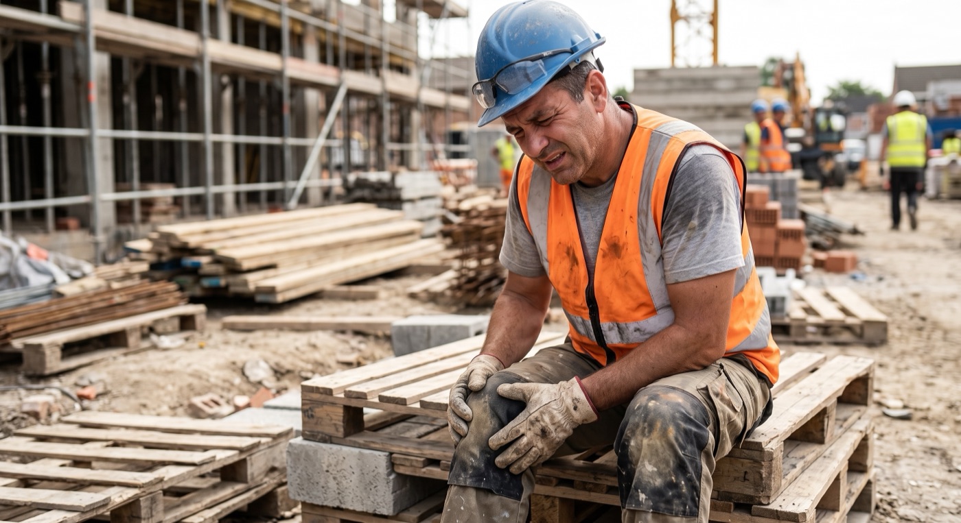 Worker holding an injured knee on site