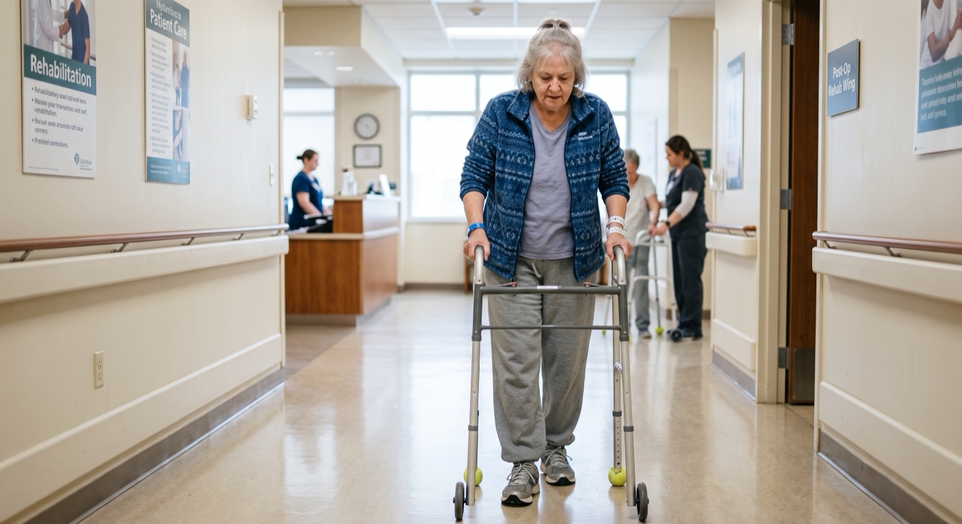 Older patient walking with a frame after surgery